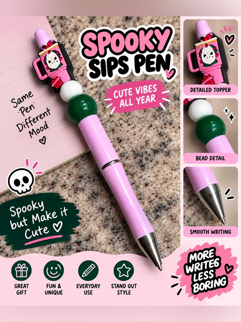 Jason Halloween Spooky Sips Pen — Pink with Green & White Beads